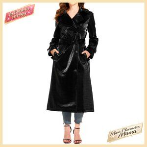 Faux Leather Trench Coat Motorcycle Jacket Slim Fit Long Sleeve